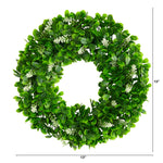Green leaf wreath with measurements on a white background