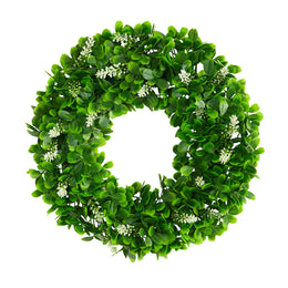 Green leafy wreath with small white flowers on a white background