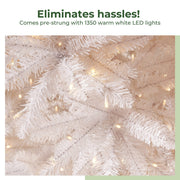 Close-up of a pre-strung white Christmas tree with warm white LED lights, text indicating 1350 lights.