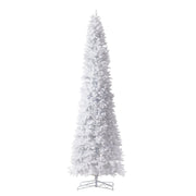 A tall, white artificial Christmas tree with a silver metal stand, shown against a plain white background.