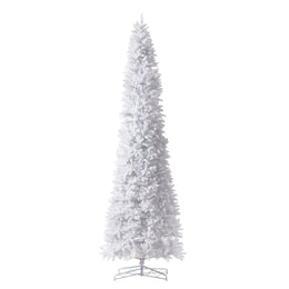 A tall, white artificial Christmas tree with a silver metal stand, shown against a plain white background.