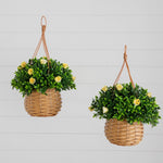 Set of two green artificial hanging baskets for patio and balcony décor
