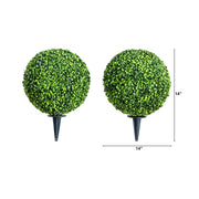 Two artificial topiary balls on stakes with dimensions indicated.