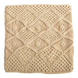 Beige woven blanket with diamond pattern on a white background