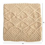 Beige woven square pillow with diamond pattern and dimensions on a white background