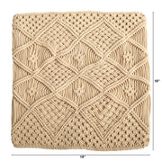 Beige woven square pillow with diamond pattern and dimensions on a white background