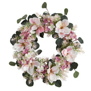 Floral wreath with pink and white flowers on a white background