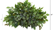 Artificial green leafy plant with dimensions on a white background