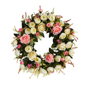 Floral wreath with pink and white flowers on a white background