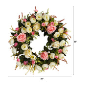 Floral wreath with pink and white flowers on a white background