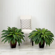 Nearly Natural Artificial Boston Fern Plants, Set of 2, Green Faux Foliage in Bronze Pots