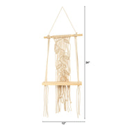 Macrame wall hanging with dimensions on a white background