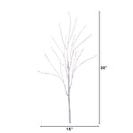 A bare decorative tree branch with small warm white string lights, shown with dimension lines indicating a height of 30 inches and a width of 15 inches on a white background.