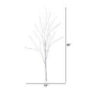 A bare decorative tree branch with small warm white string lights, shown with dimension lines indicating a height of 30 inches and a width of 15 inches on a white background.