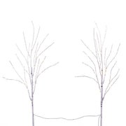 Two bare decorative tree branches with warm white string lights, shown against a plain white background.