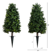 Two artificial topiary trees with height and width measurements on a white background