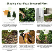 Step-by-step guide on shaping a faux boxwood plant with images and text.