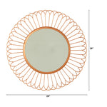 Round mirror with decorative frame and dimensions on a white background