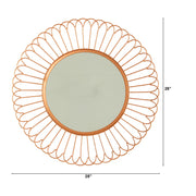 Round mirror with decorative frame and dimensions on a white background