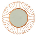 Round wall mirror with a copper-toned metal frame and a sunburst wire design around the border, shown against a plain white background.