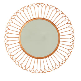 Round wall mirror with a copper-toned metal frame and a sunburst wire design around the border, shown against a plain white background.