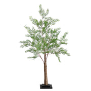 An artificial cypress tree with green needles, a brown trunk, and a black square base, isolated on a white background.