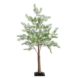 An artificial cypress tree with green needles, a brown trunk, and a black square base, isolated on a white background.