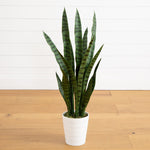 A potted snake plant with tall green leaves featuring dark horizontal stripes, planted in a white ribbed pot on a light wood floor against a white paneled wall.
