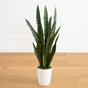 A potted snake plant with tall green leaves featuring dark horizontal stripes, planted in a white ribbed pot on a light wood floor against a white paneled wall.