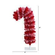 Red and white flocked candy cane Christmas tree on a white stand, shown with dimension lines indicating 30 inches in height and 8 inches in width.