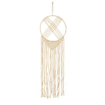 A natural beige macrame wall hanging with a circular ring, crossed woven cords, and long fringe strands, shown against a plain white background.