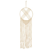 A natural beige macrame wall hanging with a circular ring, crossed woven cords, and long fringe strands, shown against a plain white background.