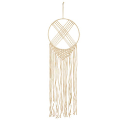 A natural beige macrame wall hanging with a circular ring, crossed woven cords, and long fringe strands, shown against a plain white background.