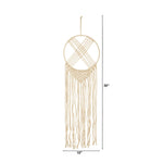 A beige macrame wall hanging with a circular woven hoop, crisscrossed cords, and long fringe tassels, shown on a white background with dimension labels indicating 30 inches tall and 10 inches wide.