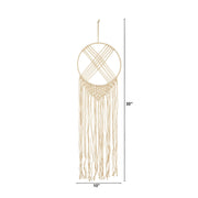 A beige macrame wall hanging with a circular woven hoop, crisscrossed cords, and long fringe tassels, shown on a white background with dimension labels indicating 30 inches tall and 10 inches wide.