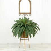 Fern plant in a gold pot on a wooden stand against a white wall
