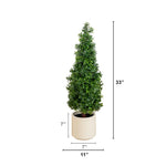 Green faux boxwood topiary in a white planter for home decoration