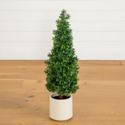 Nearly Natural artificial boxwood cone topiary in white planter