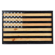Wooden American flag with black and natural wood stripes on a white background