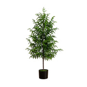 Potted artificial tree with green leaves on a white background