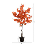 Potted artificial tree with orange leaves and measurements on a white background