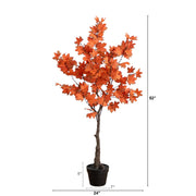 Potted artificial tree with orange leaves and measurements on a white background