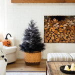 A small artificial black tree in a woven basket pot, styled in a cozy living room next to a fireplace with stacked logs.