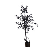 A black artificial vine tree with glossy leaves and a curved trunk, presented in a dark cylindrical pot against a solid white background.