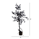 Artificial black leaf tree with dimensions on a white background