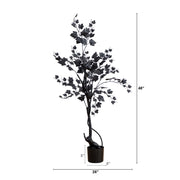 Artificial black leaf tree with dimensions on a white background