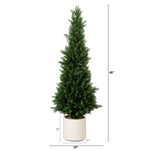 Potted artificial Christmas tree with dimensions on a white background