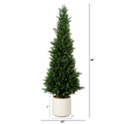 Potted artificial Christmas tree with dimensions on a white background