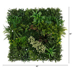 Square artificial green wall panel with dense faux foliage, ferns, and small plants, shown from above on a white background with 40-inch width and height dimension markers.