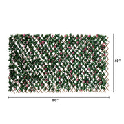 Rectangular artificial greenery hedge panel with a diamond lattice pattern, featuring green faux leaves, pink flower buds, and brown wooden slats, shown with dimension markers of 80 inches by 40 inches on a white background.